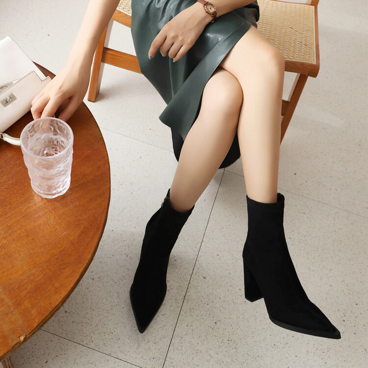 Women's Pointed Toe Chunky High Heel Ankle Boots with Metal Decoration