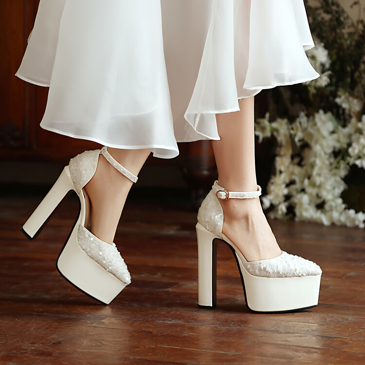 Women's One-Strap Sequin Sandals with Chunky Heel