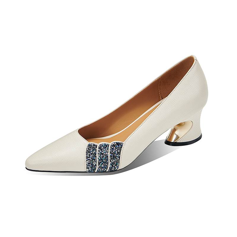 Women's Pointed Toe Low-Cut Flats - Top Grain Leather, Chunky Mid Heel, Color Block, Slip-On - Image 5