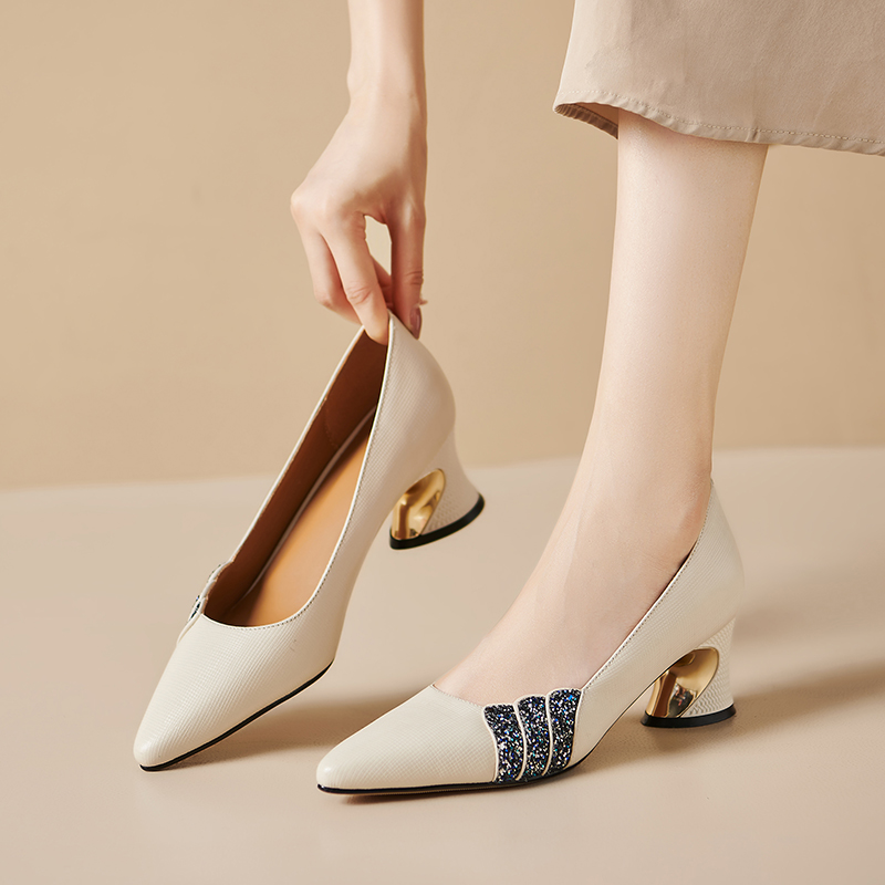 Women's Pointed Toe Low-Cut Flats - Top Grain Leather, Chunky Mid Heel, Color Block, Slip-On - Image 2