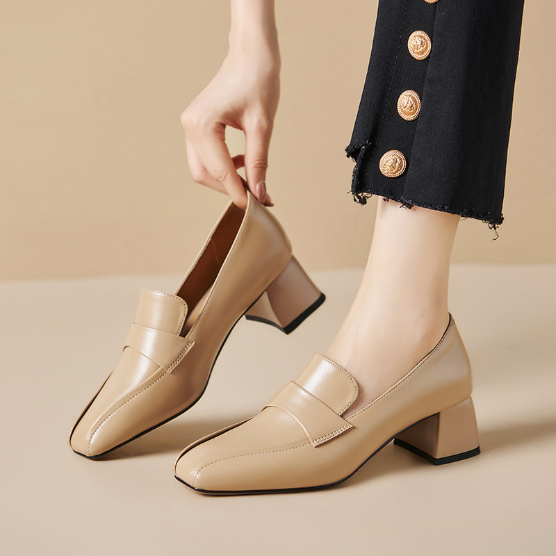 Women's Square Toe Slip-On Shoes - Soft Leather Mid Chunky Heel