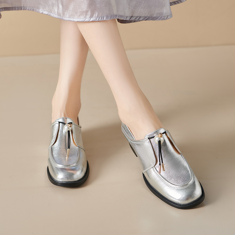 Deep Mouth Flat Shoes with Cross Straps, Pearls, and Metal Accents