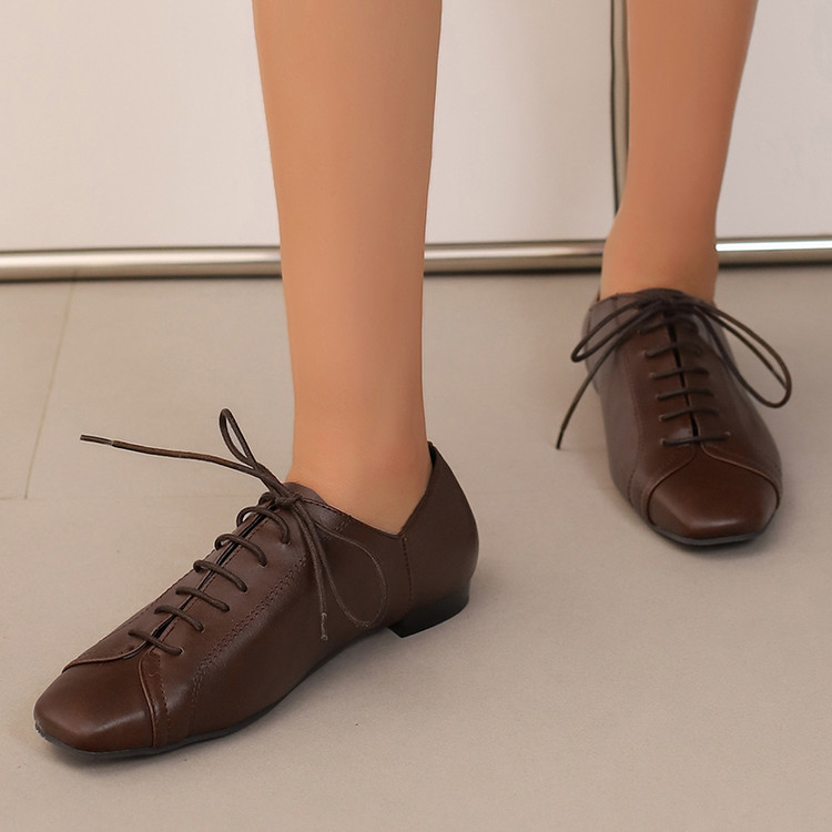 Women's Minimalist Square Toe Lace-Up Flat Shoes